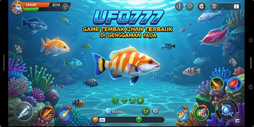 Screenshot utama UFO777 menampilkan aksi menembak ikan yang seru dan penuh warna.
